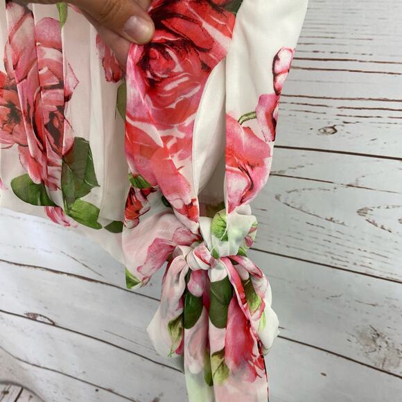 Windsor S White Pink Floral Chiffon Pleated Halter Backless Side Tie Blouse Top - Picture 5 of 8